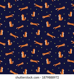 Seamless repeat pattern swatch. Vector design of foxes and stars. Cute background, wallpaper, textile or paper print. Pyjamas, kids wear, shirts, accessories.
