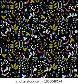 Seamless repeat pattern swatch. Vector design of branches, leaf shapes, flowers and birds. Wallpaper, background, textile or paper print. Fashion, interior design, home ware products and accessories.