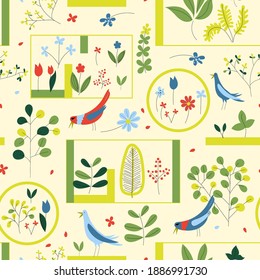 Seamless repeat pattern swatch. Vector design of leafy branches. Wallpaper, background, paper or textile print. Botanical garden or nature design for fashion, interior products, cards, stationery etc.