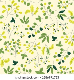 Seamless repeat pattern swatch. Vector design of leafy branches. Wallpaper, background, paper or textile print. Botanical garden or nature design for fashion, interior products, cards, stationery etc.