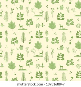 Seamless repeat pattern swatch. Vector design of leaf, tree, deer and bird illustrations. Whimsical  nature, garden inspired wallpaper, background, textile or paper print. Fashion or interior fabrics.