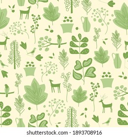 Seamless repeat pattern swatch. Vector design of leaf, tree, deer and bird illustrations. Whimsical  nature, garden inspired wallpaper, background, textile or paper print. Fashion or interior fabrics.