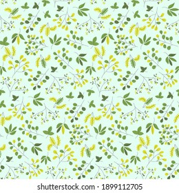 Seamless repeat pattern swatch. Vector design of leafy branches. Fresh nature, garden, countryside, environment pattern. Wallpaper, background, textile or paper print. 