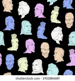 Seamless repeat pattern swatch. Vector design of colourful abstract faces. Continuous line art portraits. Fashion, accessories, background, wallpaper, diversity backdrop, banner or poster.