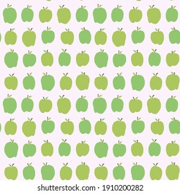 Seamless repeat pattern swatch. Vector design. Cute, fresh, green apples. Background, wallpaper, textile or paper print. Kids wear, nursery, food packaging, healthy eating, farm or market signposter.