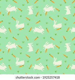 Seamless repeat pattern swatch. Vector design. Cute white bunny rabbits with carrots. Spring or Easter background, wallpaper, textile or paper print. Nursery, children's, baby wear, decor etc.   