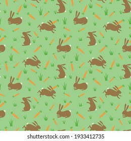 Seamless repeat pattern swatch. Vector design of cute brown bunny rabbits and carrots. Spring or Easter background, wallpaper, textiles, kids wear, nursery decor, wrap or cards. 