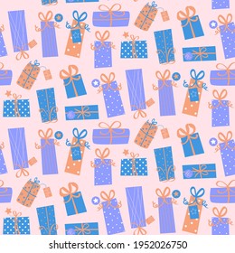 Seamless repeat pattern swatch. Vector design of wrapped gifts with ribbons and tags. Birthday, party, celebration background or wallpaper. Print for  wrapping paper, cards, gift ware or invitations.