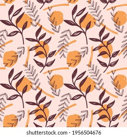 Seamless repeat pattern swatch. Vector design of flowing branches on abstract shapes. Wallpaper, background, textile or paper print. Products, fashion, interior decor, travel.