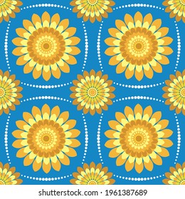 Seamless repeat pattern swatch. Vector design. Retro sunflower tiles. Background, wallpaper, textiles, home decor, packaging or products.  