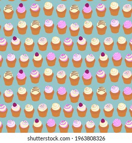 Seamless repeat pattern swatch. Vector design of cupcakes with icing. Background, wallpaper, menus, signs, greetings cards, wrapping paper etc. Print for textiles or baking and kitchen products. 