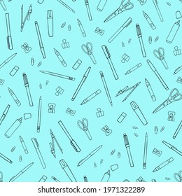 Seamless repeat pattern swatch. Vector design of stationery items. Background, wallpaper or print for textiles, accessories, school or office products, posters, signs etc. 