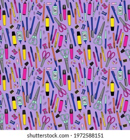 seamless repeat pattern swatch. Vector design of pens, pencils, scissors and other stationery. Cute print for textiles, accessories, office or school products. Wallpaper or background for posters etc.