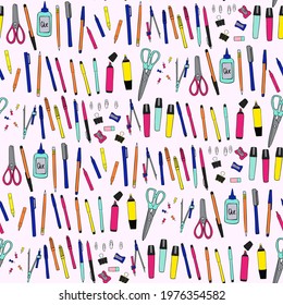 Seamless repeat pattern swatch. Vector design of school, college or office stationery or craft supplies. Print for fashion accessories or paper products. Background for signs, posters etc.  