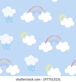 Seamless repeat pattern swatch. Vector design of clouds, rainbows and rain drops. Weather icons print, background or wallpaper. Nursery decor, baby wear, cards or gift products.