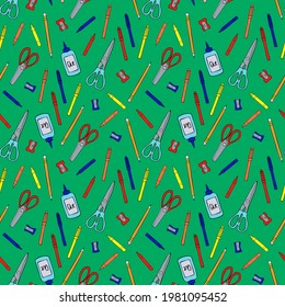 Seamless repeat pattern swatch. Vector design of office or school supplies. Craft or study background, wallpaper or textile print. Stationery products or education accessories. 