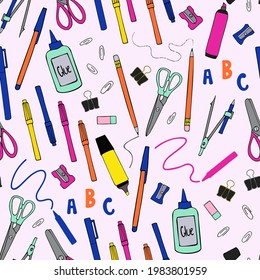 Seamless repeat pattern swatch. Vector design of stationery items. Fun print for accessories, storage, education products, textiles for backpacks, pencil cases etc. 