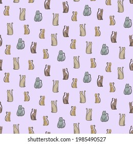 Seamless repeat pattern swatch. Vector design of fun doodled cats. Wallpaper, background or fun pattern for textiles, pyjamas, socks, ties, bags, accessories, stationery etc. 