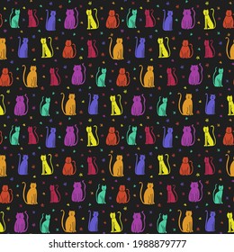 Seamless repeat pattern swatch. Vector design of rainbow cats. Wallpaper, background, fashion print. Accessories, kids wear, stationery and products.
