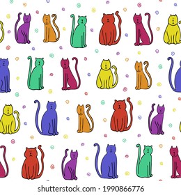 Seamless repeat pattern swatch. Vector design of bold, colourful cats and swirls. Fun wallpaper, background or print for textiles and products. Wrapping paper, cards, pyjamas, socks, ties, stationery.