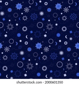 Seamless repeat pattern swatch. Vector design. Stars, moons and celestial symbols. Mystical background, wallpaper or textile print for fashion, accessories, kids wear, pyjamas etc.