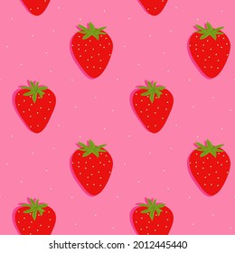 Seamless repeat pattern swatch. Vector design of polka dots and strawberries on pink. Cute pattern for textiles, kids wear, garden products, food packaging, background or wallpaper.  
