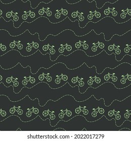 Seamless repeat pattern swatch. Vector design of hand drawn bicycles and tracks. Fun background, wallpaper or print for posters, signs, products, textiles, fashion, accessories etc.  