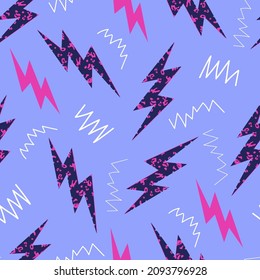 Seamless repeat pattern swatch. Vector design of patterned lightening bolt shapes and zigzags. Bold, fun geometric print for fashion, textiles, paper products, background, wallpaper etc.