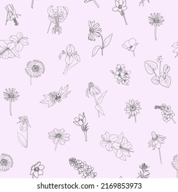 Seamless repeat pattern swatch. Vector design. Wildflower sketches. Perfect print for products, fashion, interiors, gift wear, stationery, textiles, packaging etc.  