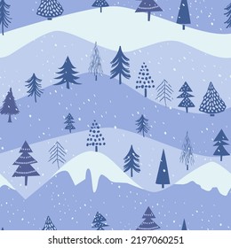 Seamless repeat pattern swatch. Vector design of snowy trees and mountains. Perfect for winter, Christmas, holiday backgrounds, wallpaper, giftware, stationery, fashion, products etc. 