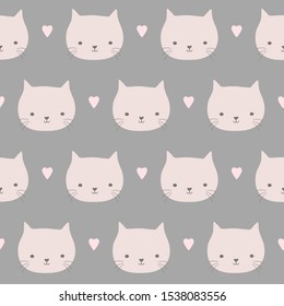 Seamless repeat pattern of sweet cat faces and hearts in pink and grey. Hand drawn vector design ideal of children and babies.