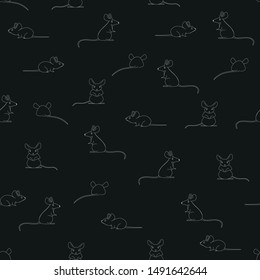 Seamless repeat pattern of sweet mice. Animal mouse, standing, sitting, front and back. Plain, hand drawn style in vector print. Duotone black and white. Dark background. Contour sketch of character.