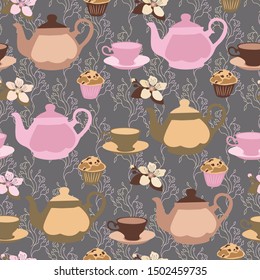 seamless repeat pattern with teapots, flowers and cupcakes