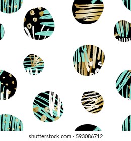 Seamless repeat pattern with textured round shapes in black, turquoise green and gold, isolated on white background.