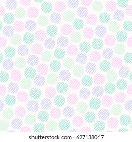 Seamless repeat pattern with textured round shapes in pastel pink, mint green and lavender violet on white background. Creative and modern tiling background, poster, textile, fabric design.