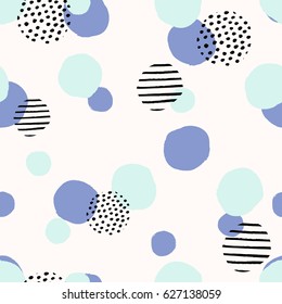 Seamless repeat pattern with textured round shapes in black, mint green and lavender violet on white background. Creative and modern tiling background, poster, textile, fabric design.