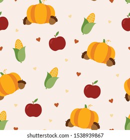 Seamless repeat pattern. thanksgiving elements with fall pumpkin, apple, acorn and corn. for print or background wallpaper. Autumn and fall seamless pattern