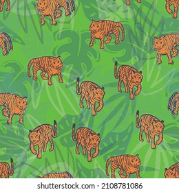 seamless repeat pattern tiger illustration on tropical leaf green background