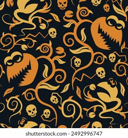 Seamless repeat pattern. Tileable. Carnivorous plant in baroque wallpaper style. Halloween theme in orange and black.