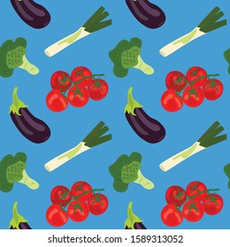 seamless repeat pattern with tomato, eggplant, broccoli and leek