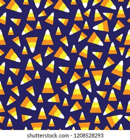 Seamless repeat pattern tossed candy corn on purple background. Great for halloween party decor, fabric, costumes, and more