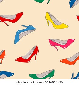 Seamless repeat pattern tossed colorful pumps heels shoes on a cream background