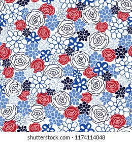 Seamless repeat pattern tossed flower texture with blue white and red roses and hand drawn flowers. Great for fabric, paper products, stationary, home decor and more.