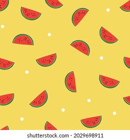 Seamless repeat pattern with tossed juicy red watermelon slices and white dots on a yellow background