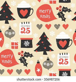 Seamless repeat pattern with traditional Christmas symbols in red, black and white. Christmas wrapping paper printable design.
