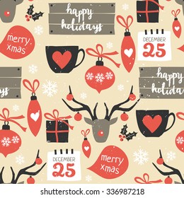 Seamless repeat pattern with traditional Christmas symbols in red, black and white. Christmas wrapping paper printable design.