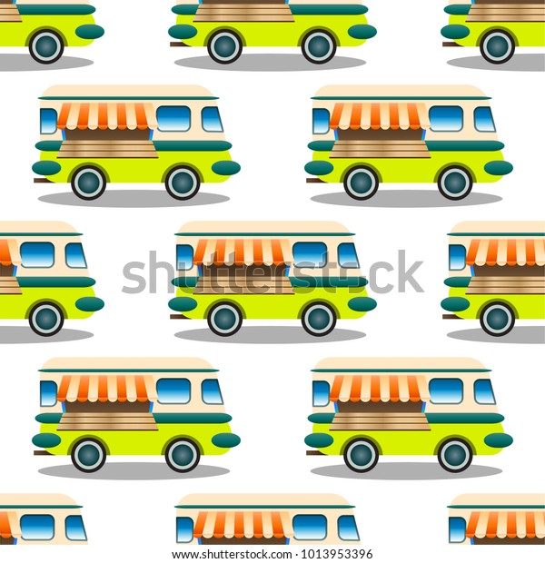 Seamless repeat pattern with  trailer\
with food, bus on white background, vector illustration. Modern and\
original textile, wrapping paper, wall art\
design.