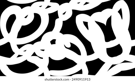 Seamless repeat pattern of transparent wavy lines woven into a floral design with tulip on a black background. Monochrome on transparent background. Vector.