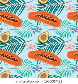 seamless repeat pattern with tropical leaves, flowers, papaya and avocado fruits