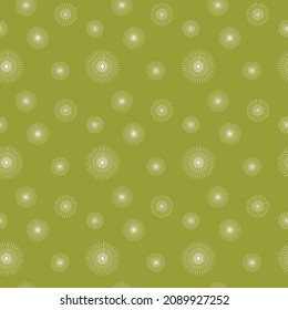 A seamless repeat pattern of various sized circles made up of white colored dashed lines in olive green colored background